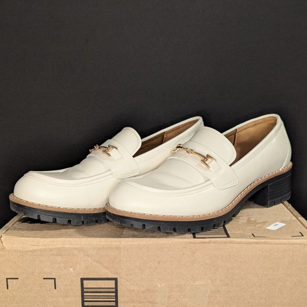DREAM PAIRS Women's Platform Chunky Loafers Beige with Black Sole